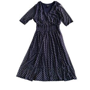 Kate & Lily Navy Polka Dot  Dress 16W V-Neck 3/4 Sleeve Smocked Waist
